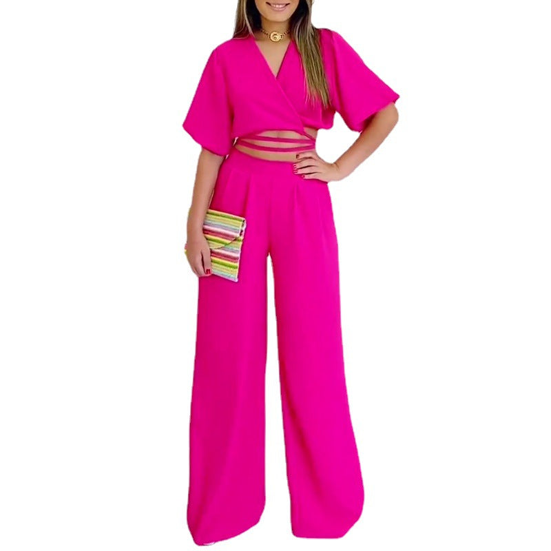 2023 Summer V-Neck Top & High-Waist Wide Leg Pants Set