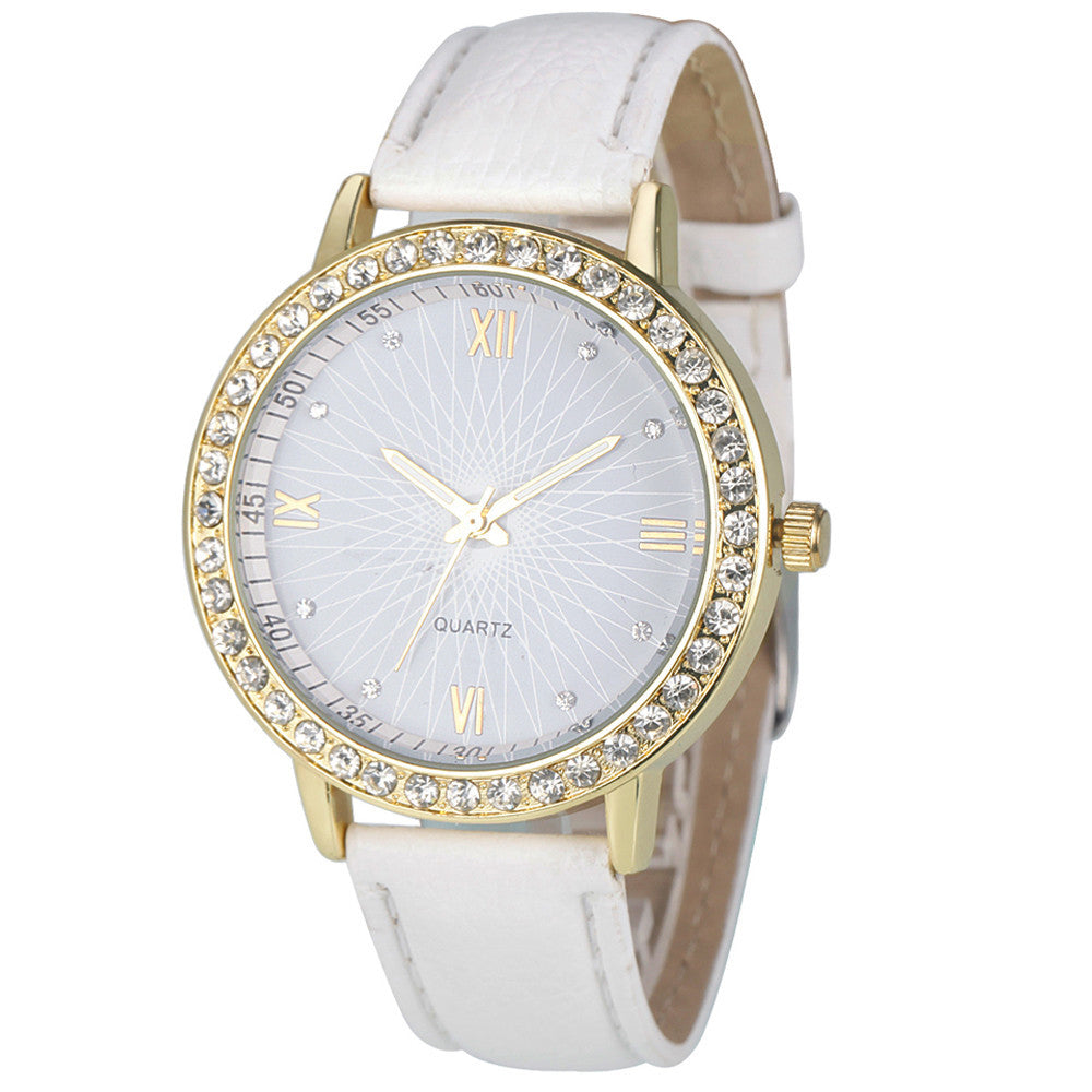 Rhinestone Quartz Watch, Geneva Style, Leather Band Karis Fashions