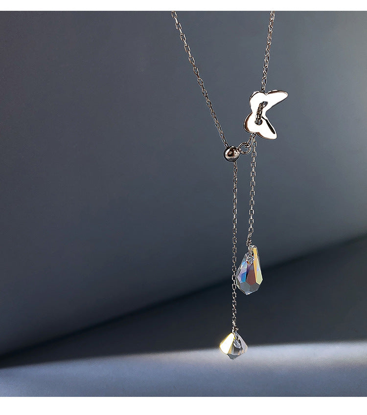 925 Silver Butterfly Waterdrop Tassel Necklace for Women