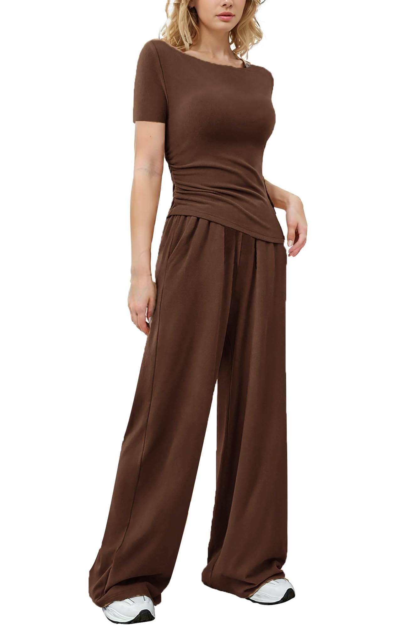 vyolu Womens 2 Piece Lounge Sets Asymmetrical Short Sleeve Wide Leg Pants Casual Outfits Tracksuit Streetwear