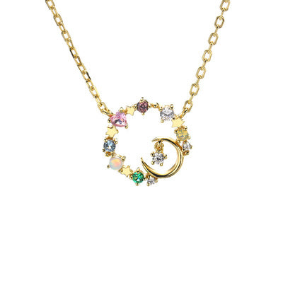 Cute Minimalist Star Moon Opal 925 Silver Gold Necklace