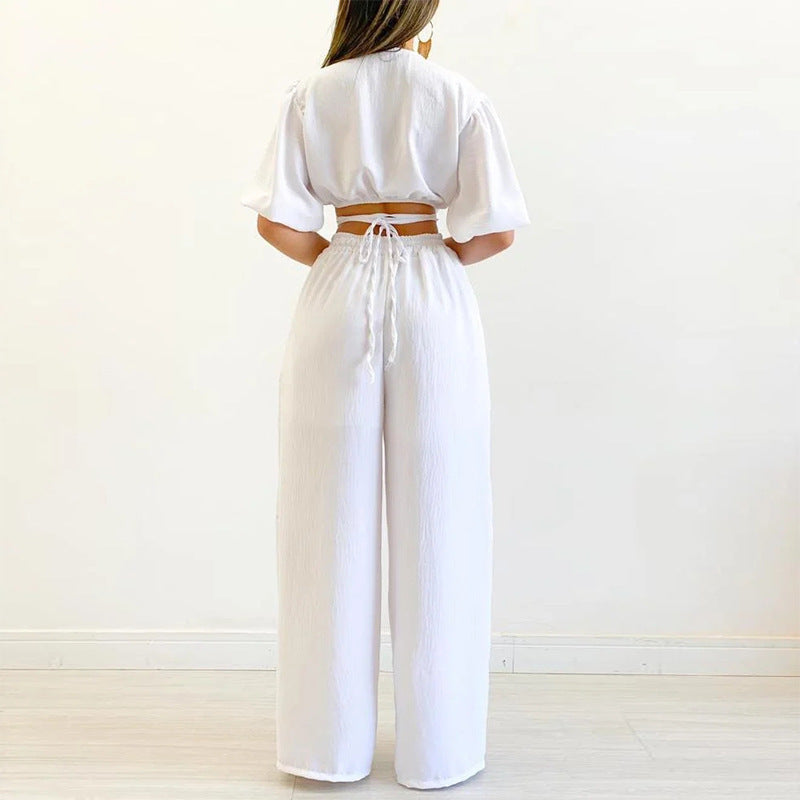 2023 Summer V-Neck Top & High-Waist Wide Leg Pants Set