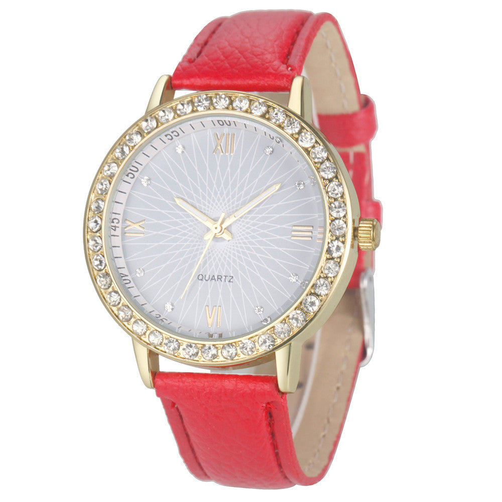 Rhinestone Quartz Watch, Geneva Style, Leather Band Karis Fashions