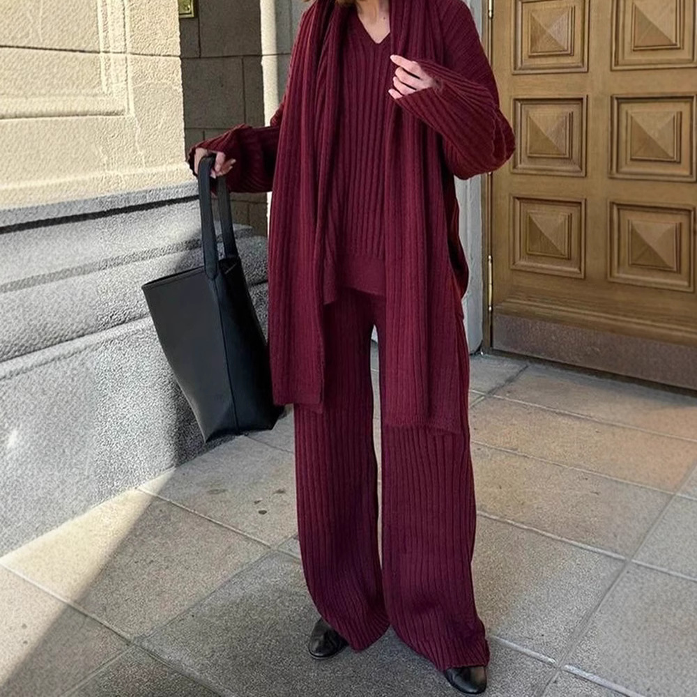 V-Neck Top & Wide Leg Pants Set with Scarf