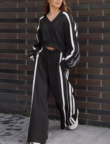 Casual V-Neck Striped Top & Wide Leg Pants Set (One Set)