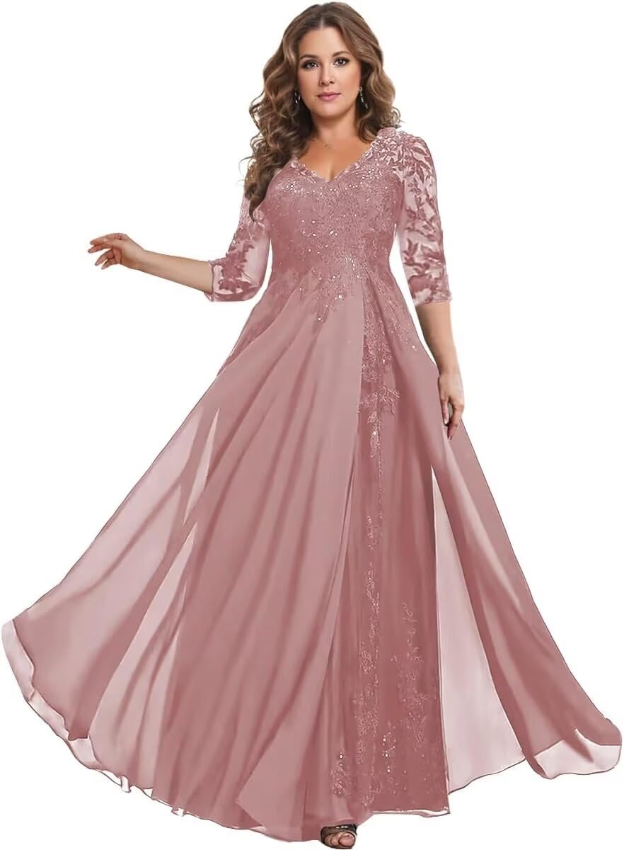 PUXIU Plus Size Pleated Lace Applique Bridesmaid Dresses V Neck 2025 Long Sleeve Chiffon A Line Mother of The Bride Dresses for Wedding Dusty Rose 18W