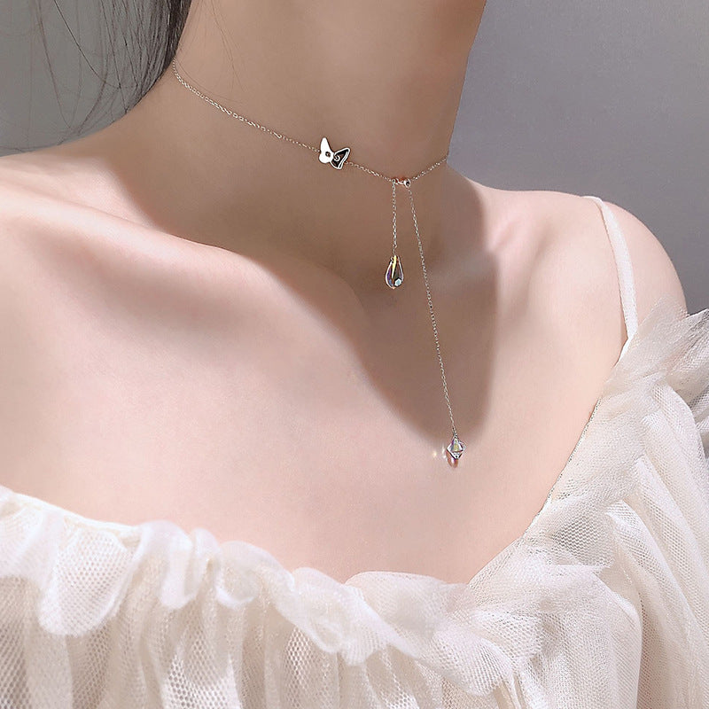 925 Silver Butterfly Waterdrop Tassel Necklace for Women