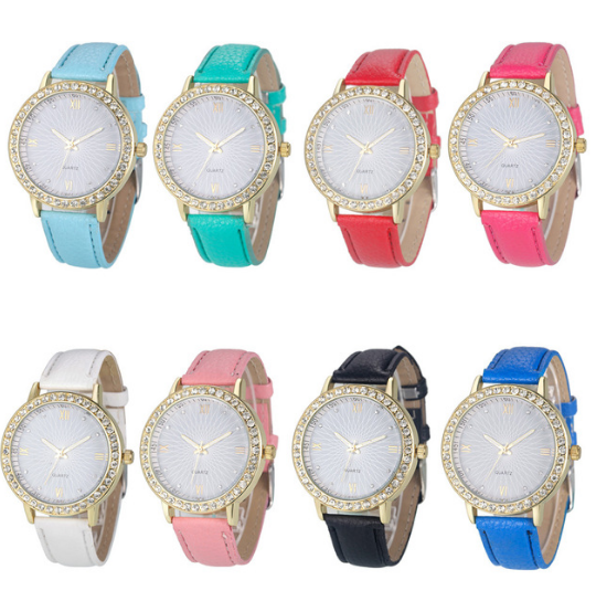 Rhinestone Quartz Watch, Geneva Style, Leather Band Karis Fashions