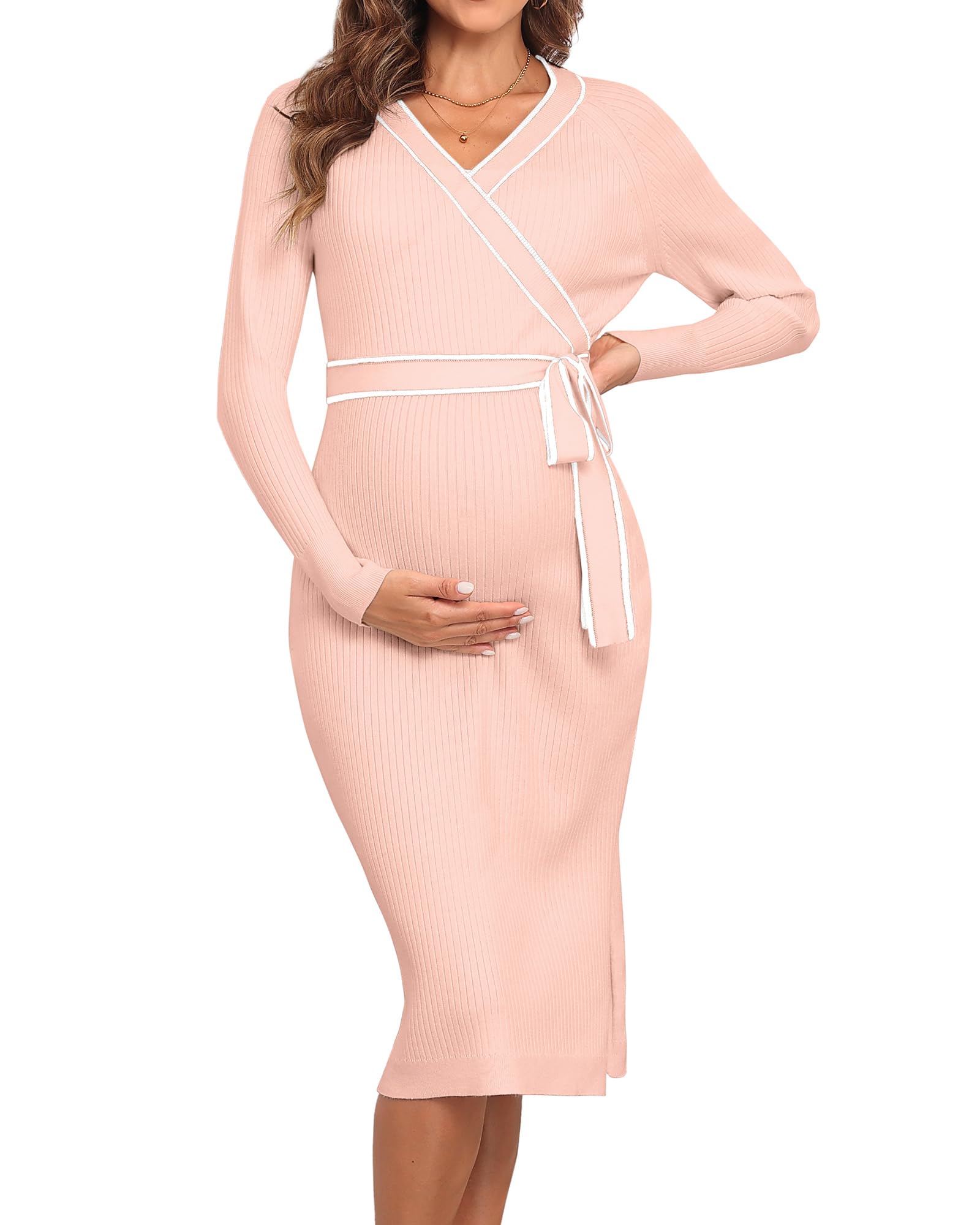 V FOR CITY Womens Maternity Fall Sweater Dresses Wrap V Neck Ribbed Pregnancy Bodycon Dress Baby Shower Maternity Photoshoot Outfits Pink X-Large