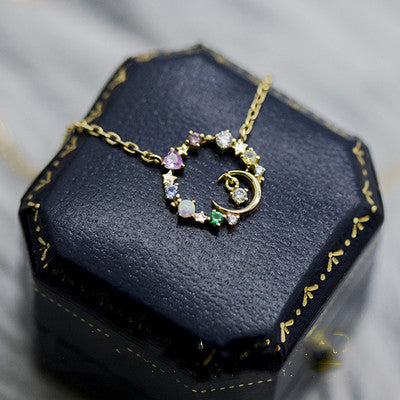 Cute Minimalist Star Moon Opal 925 Silver Gold Necklace