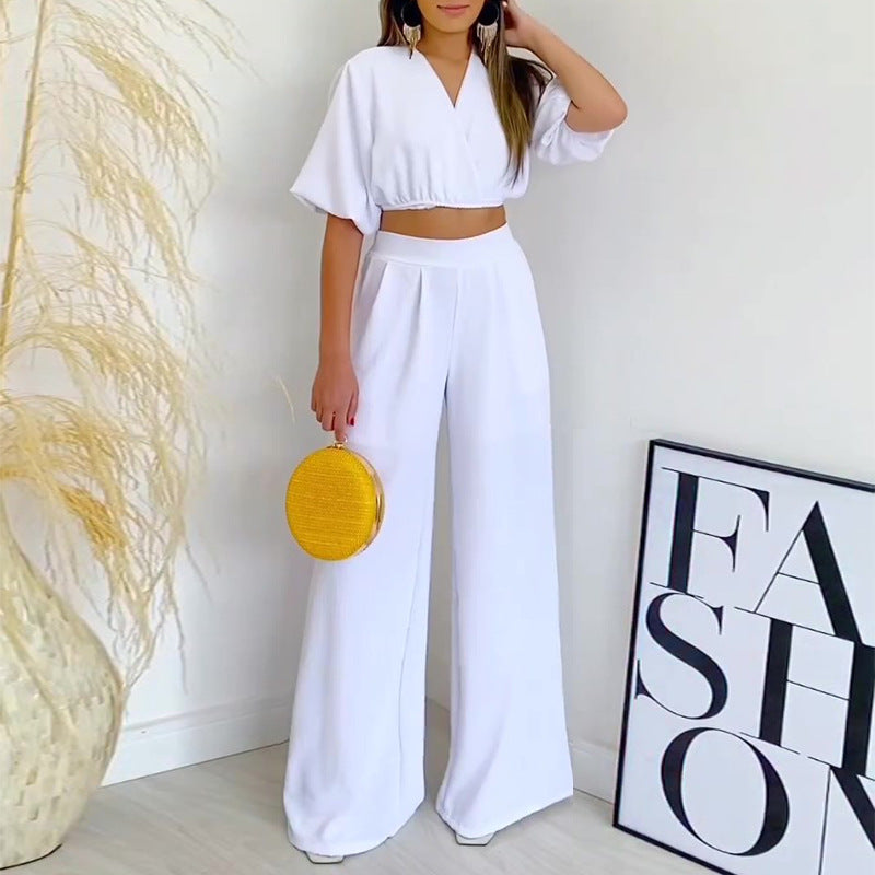2023 Summer V-Neck Top & High-Waist Wide Leg Pants Set