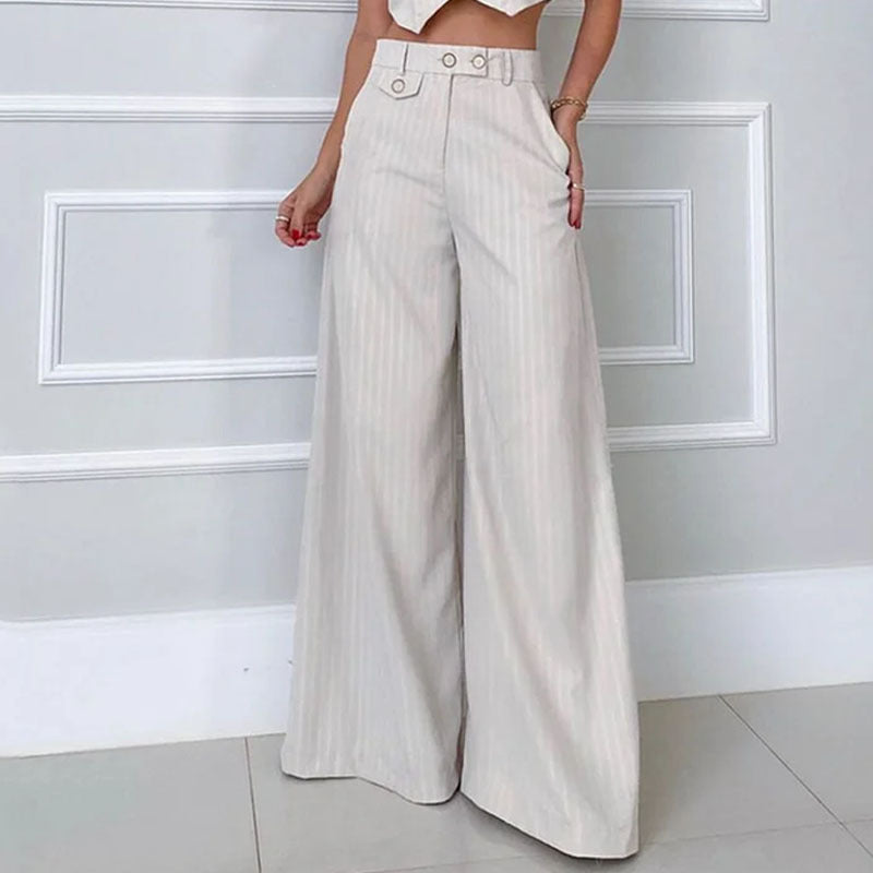 2023 Fashionable Striped V-Neck Wide-Leg Pants Set