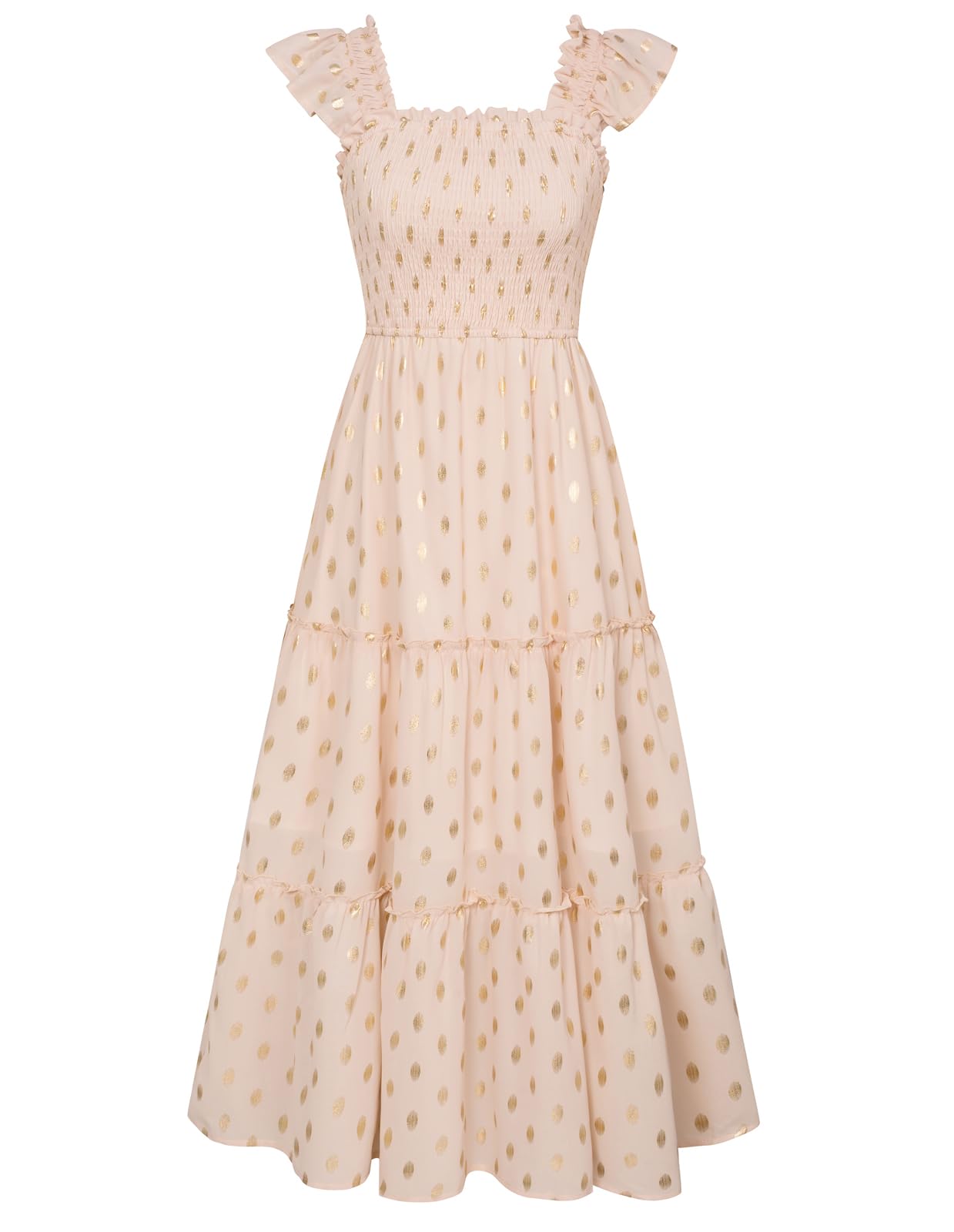 Flowy Ruffle Tiered Formal Cocktail Dress for Women Square Neck Flutter Sleeve Smocked Midi Summer Midi Party Dress Apricot S